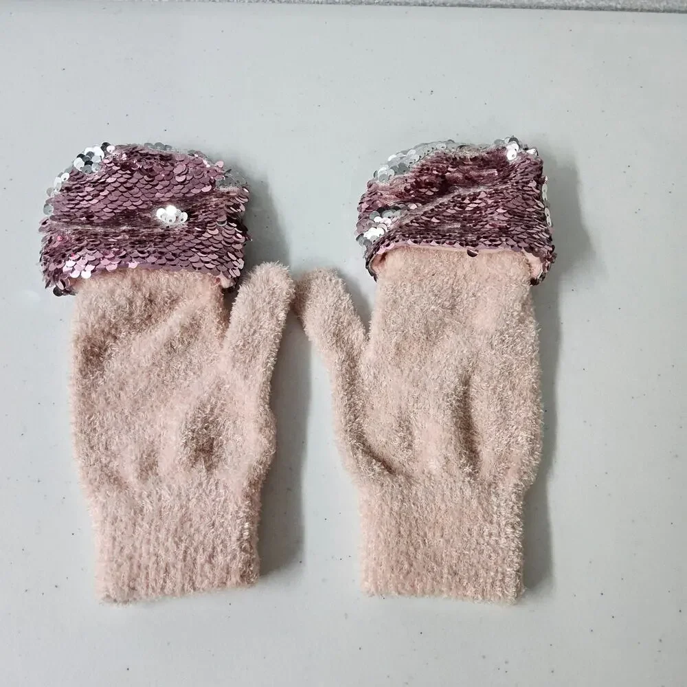 Justice Convertible Mitten Gloves Kids One Size Pink Reversible Flip Sequin Fuzz